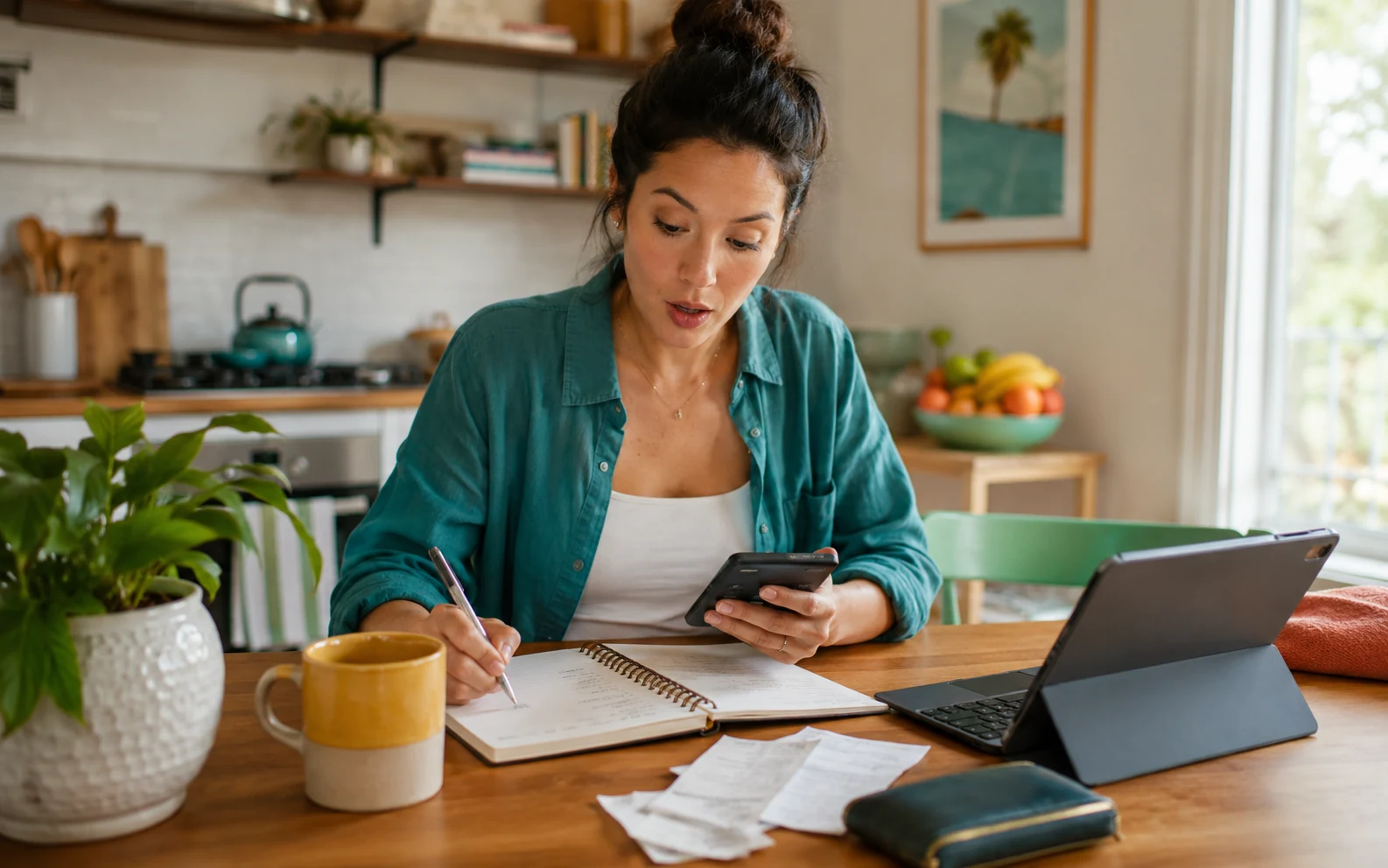 A woman at a kitchen table reviewing household spending with a notebook, laptop, receipts, and a mug