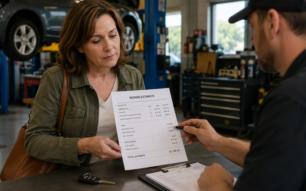 Faye reviewing an auto repair estimate with a mechanic at a service counter while a car is on a lift in the background