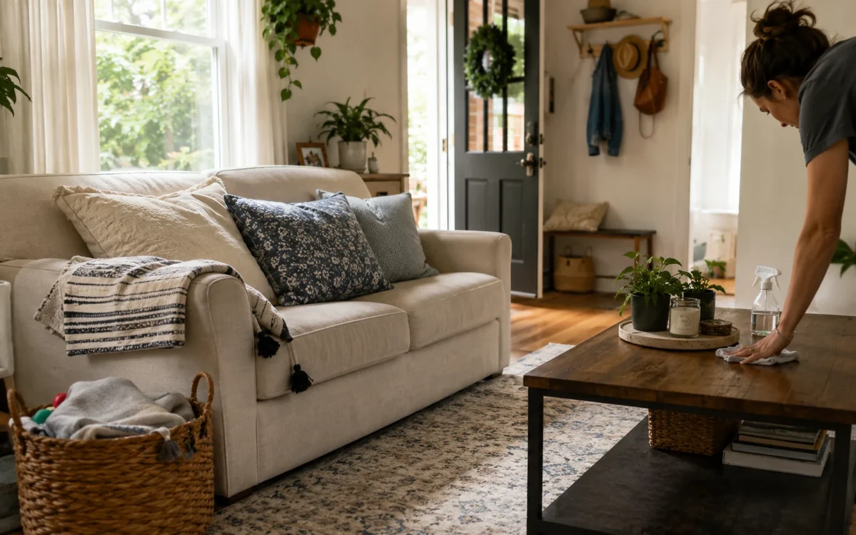 A tidy living room with a clear coffee table, soft light, and a calm clean feeling