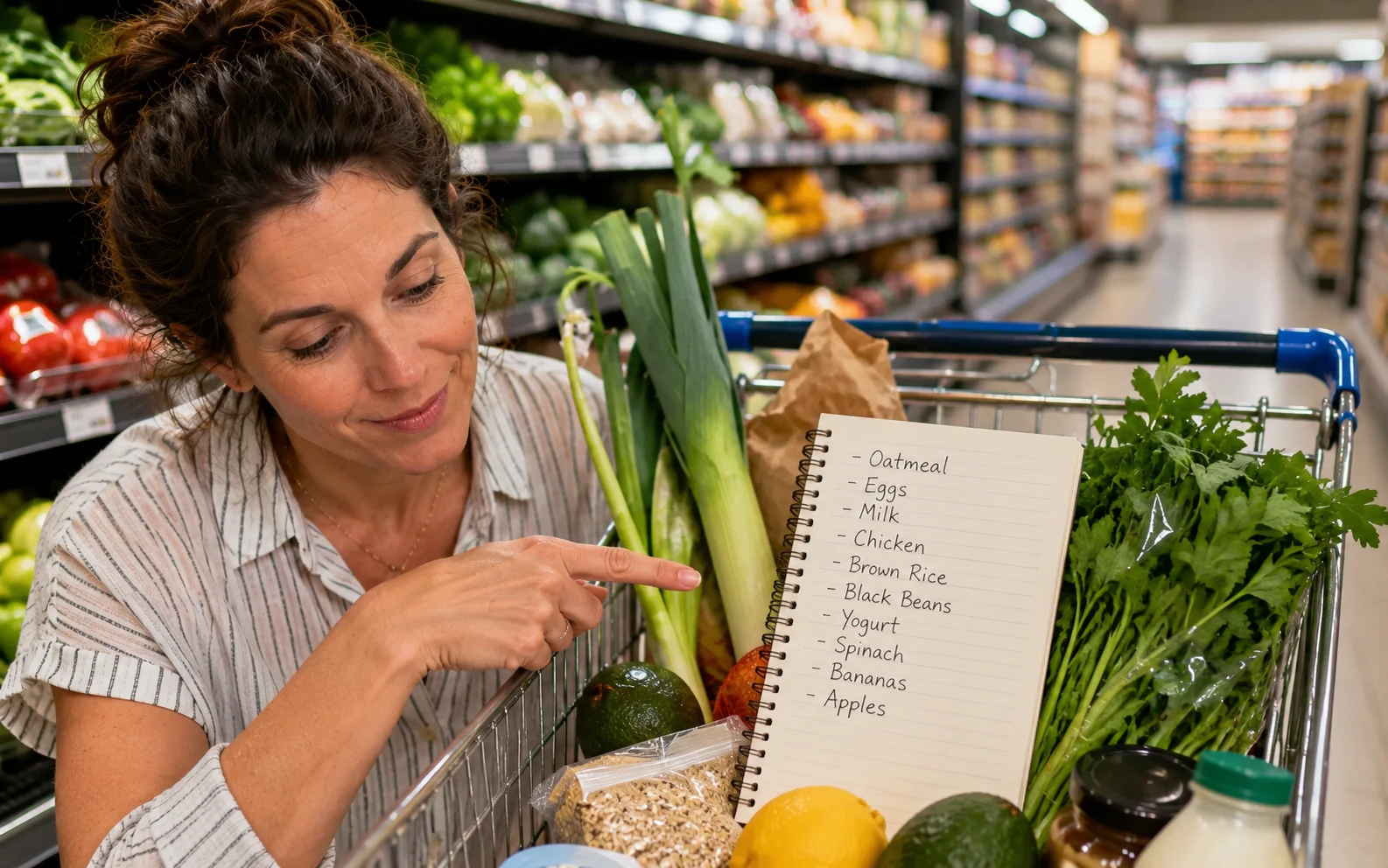 Grocery cart in a supermarket aisle with a handwritten shopping list resting on the handle