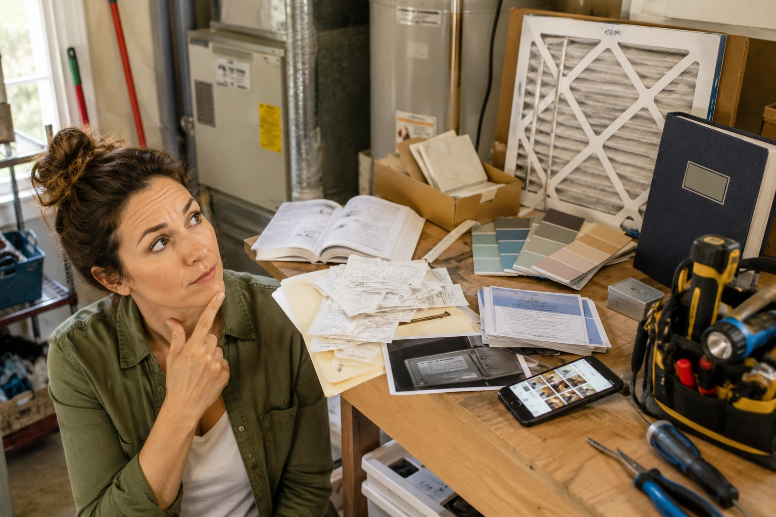 Faye sorting household records and maintenance information