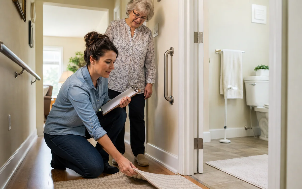 Faye reviewing a home safety checklist with simple senior safety devices, lighting notes, and bathroom grab bar plans on a kitchen table