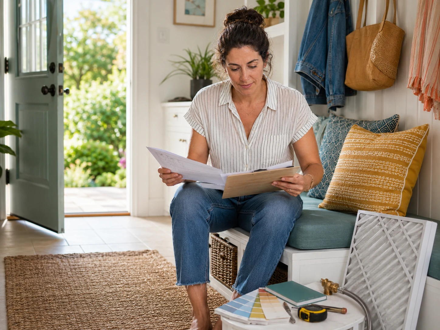 A woman at a kitchen table comparing several home-service estimates and household repair details