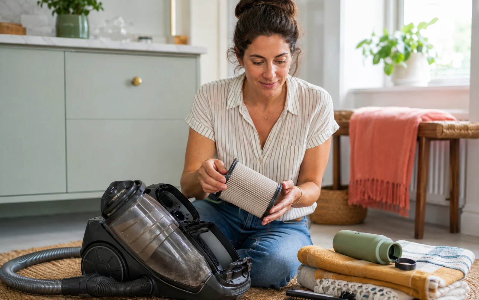 A woman examining a household item before deciding whether it needs maintenance or replacement