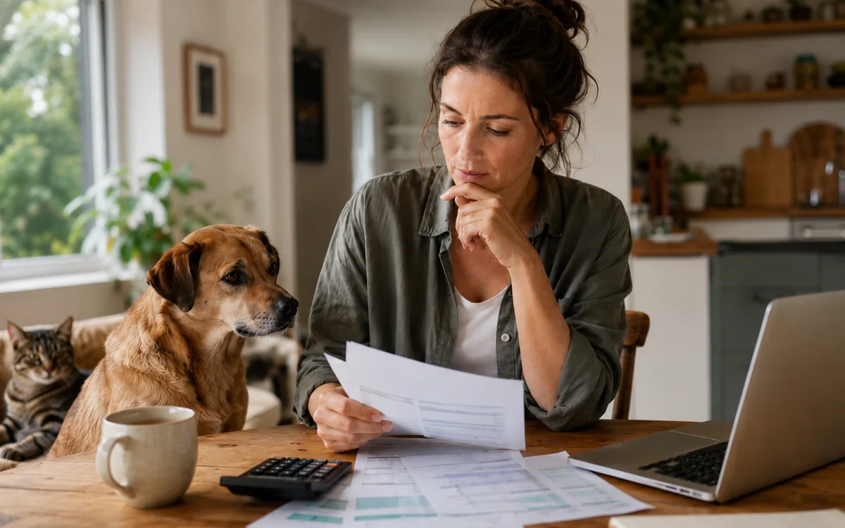 Faye comparing pet insurance paperwork, emergency savings, and veterinary costs at a kitchen table with a dog nearby