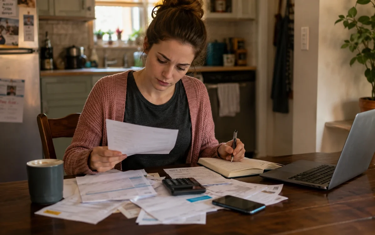 Kitchen table with a laptop, notebook, phone, coffee, and household bills ready for a monthly bill review
