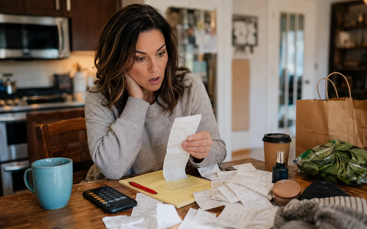 A kitchen table with a notebook, receipts, a phone calculator, and a cup of coffee during a monthly spending review