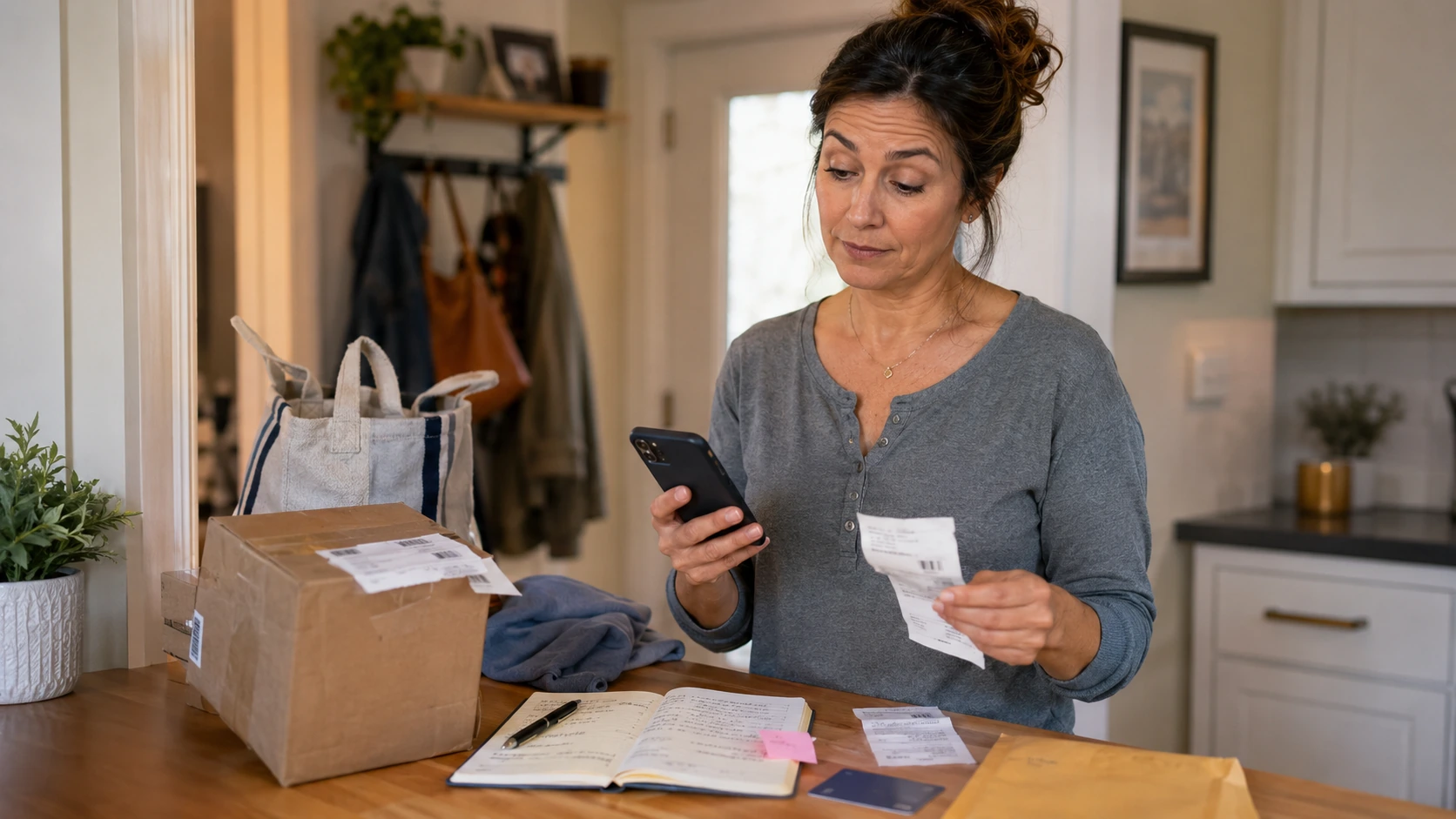 Faye comparing a return receipt with a banking app while tracking a refund