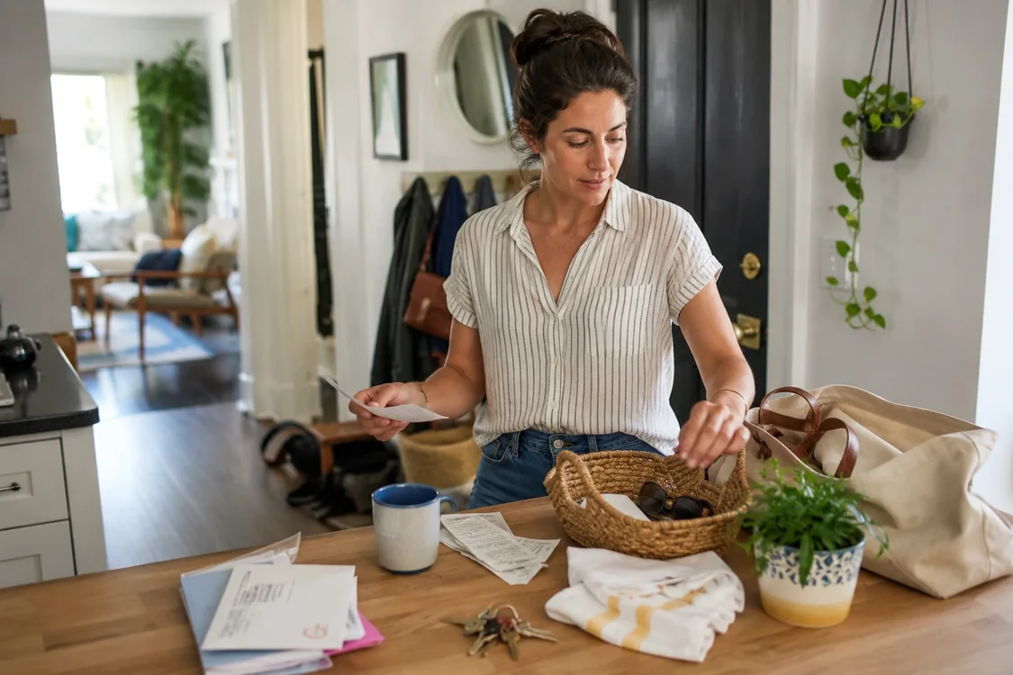 A realistic lived-in home scene with a woman resetting a counter or entry table with keys, mail, a basket, a mug, and colorful everyday items