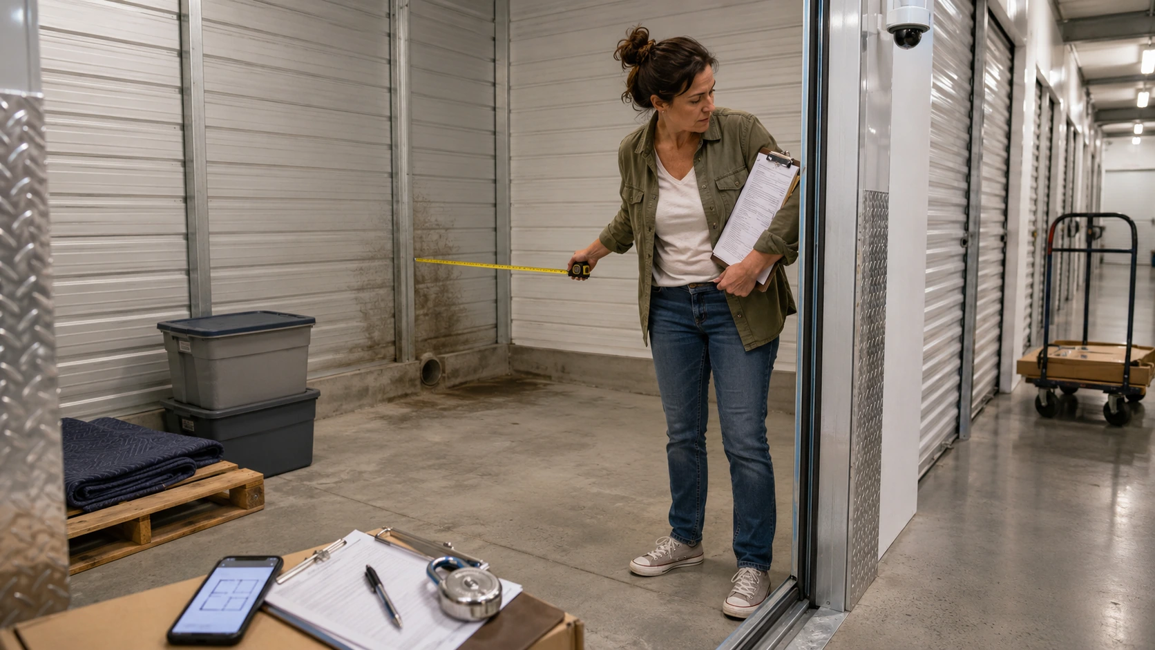 Faye inspecting the size and condition of a storage unit before renting it