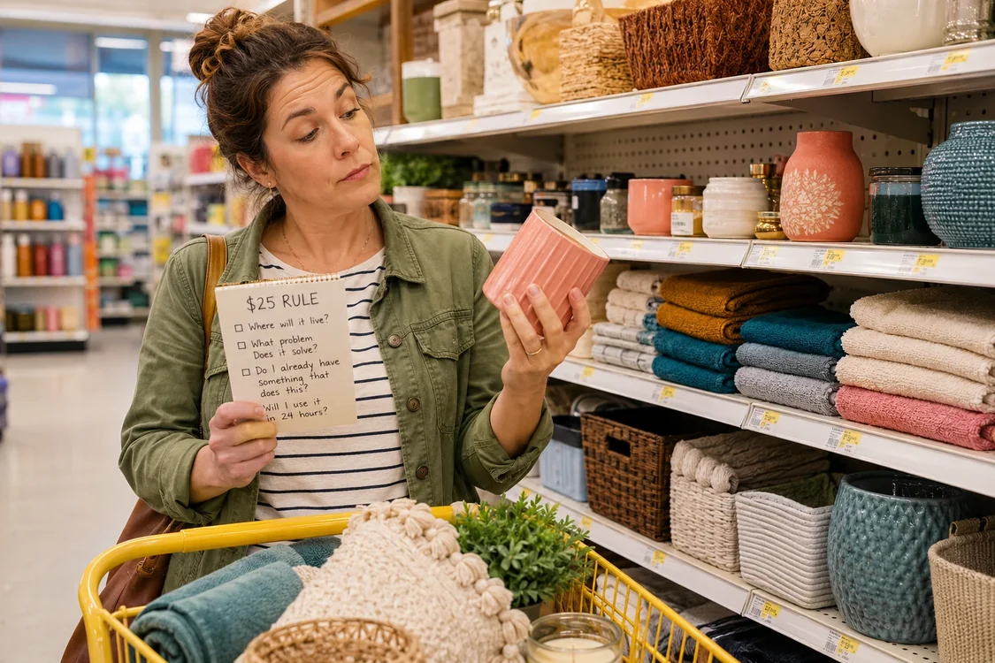Woman in a home goods aisle comparing a small ceramic item against a handwritten shopping list near colorful towels, baskets, and decor