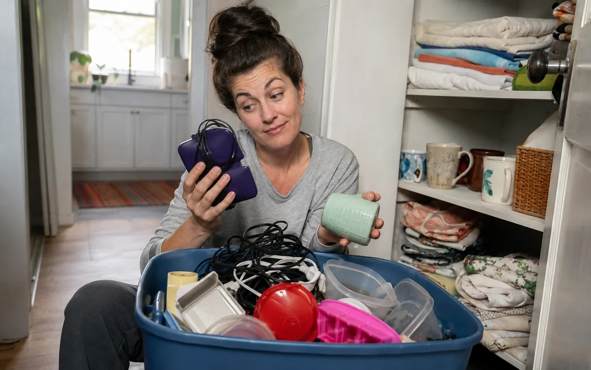 A realistic home decluttering scene with a drawer of mystery cords, old boxes, mugs, containers, and household items being sorted