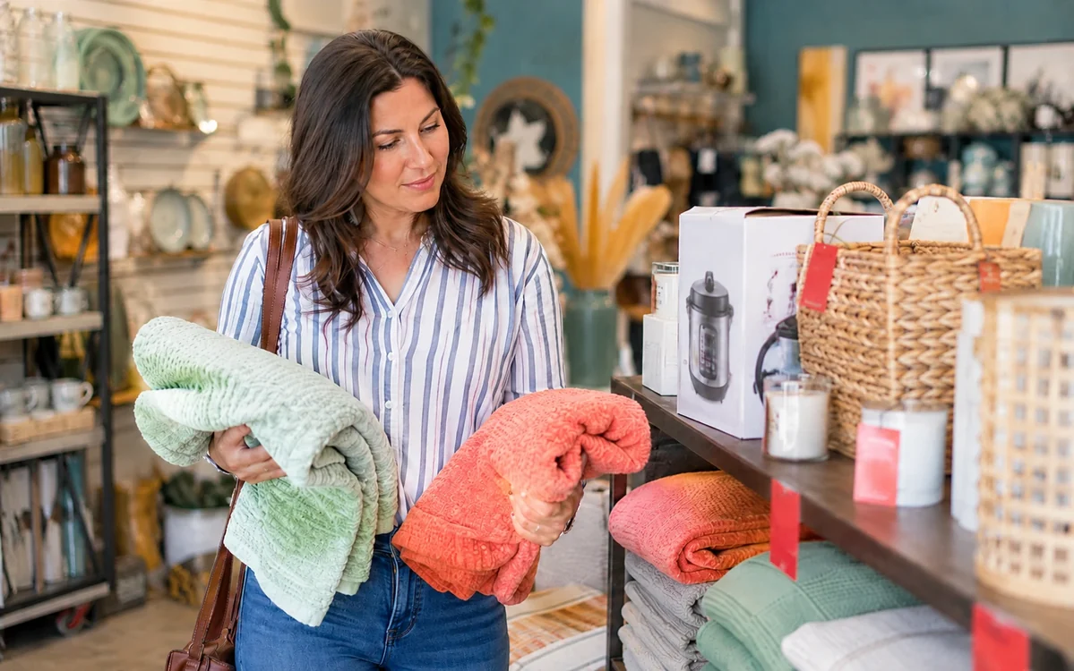 A shopping cart with sale tags, folded towels, a small appliance box, and a notebook checklist for comparing prices