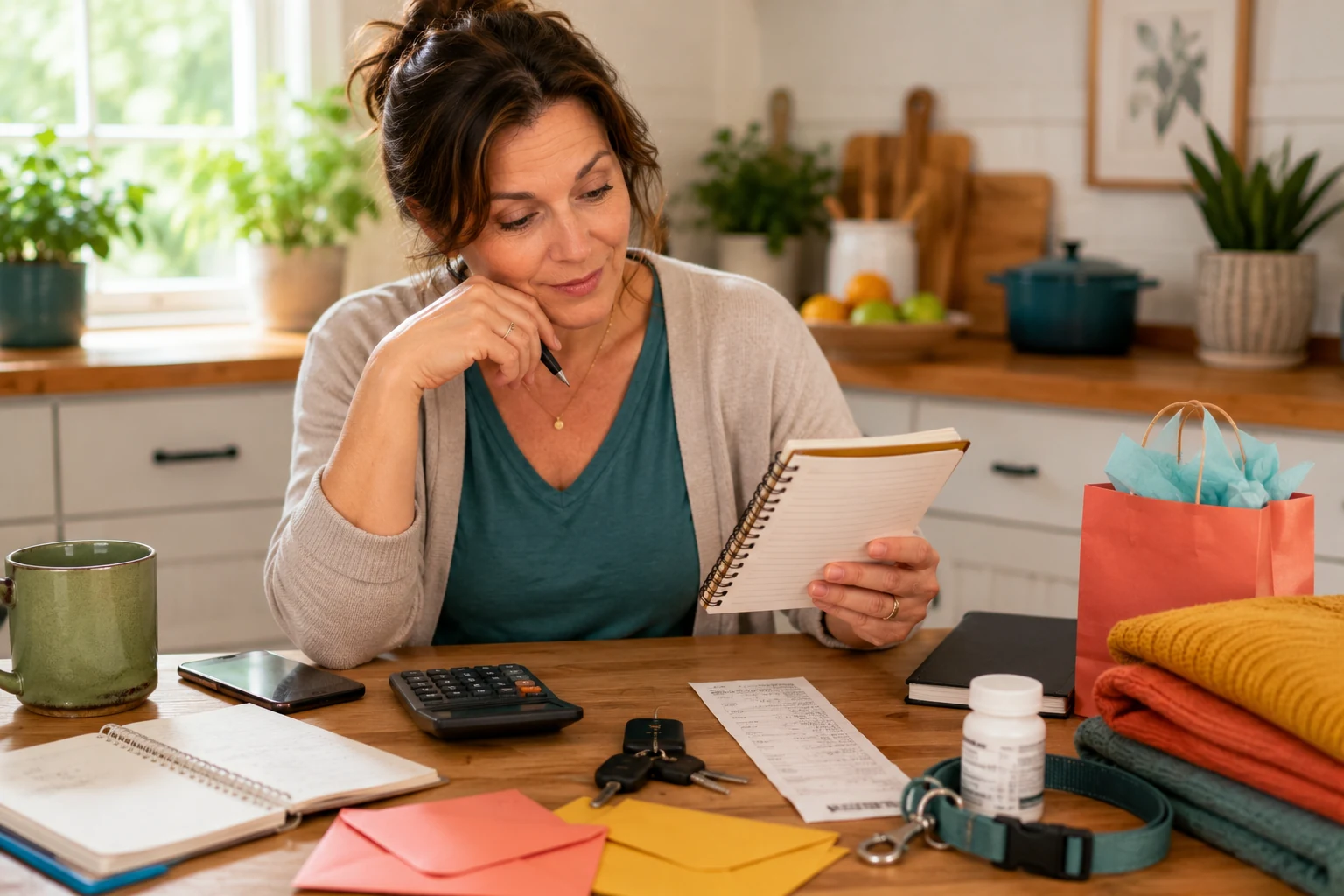 A woman at a kitchen table organizing irregular household expenses with a notebook, calendar, and everyday reminders