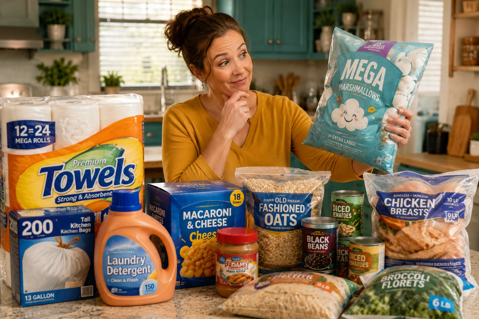 A woman in a bright kitchen comparing bulk household and grocery purchases