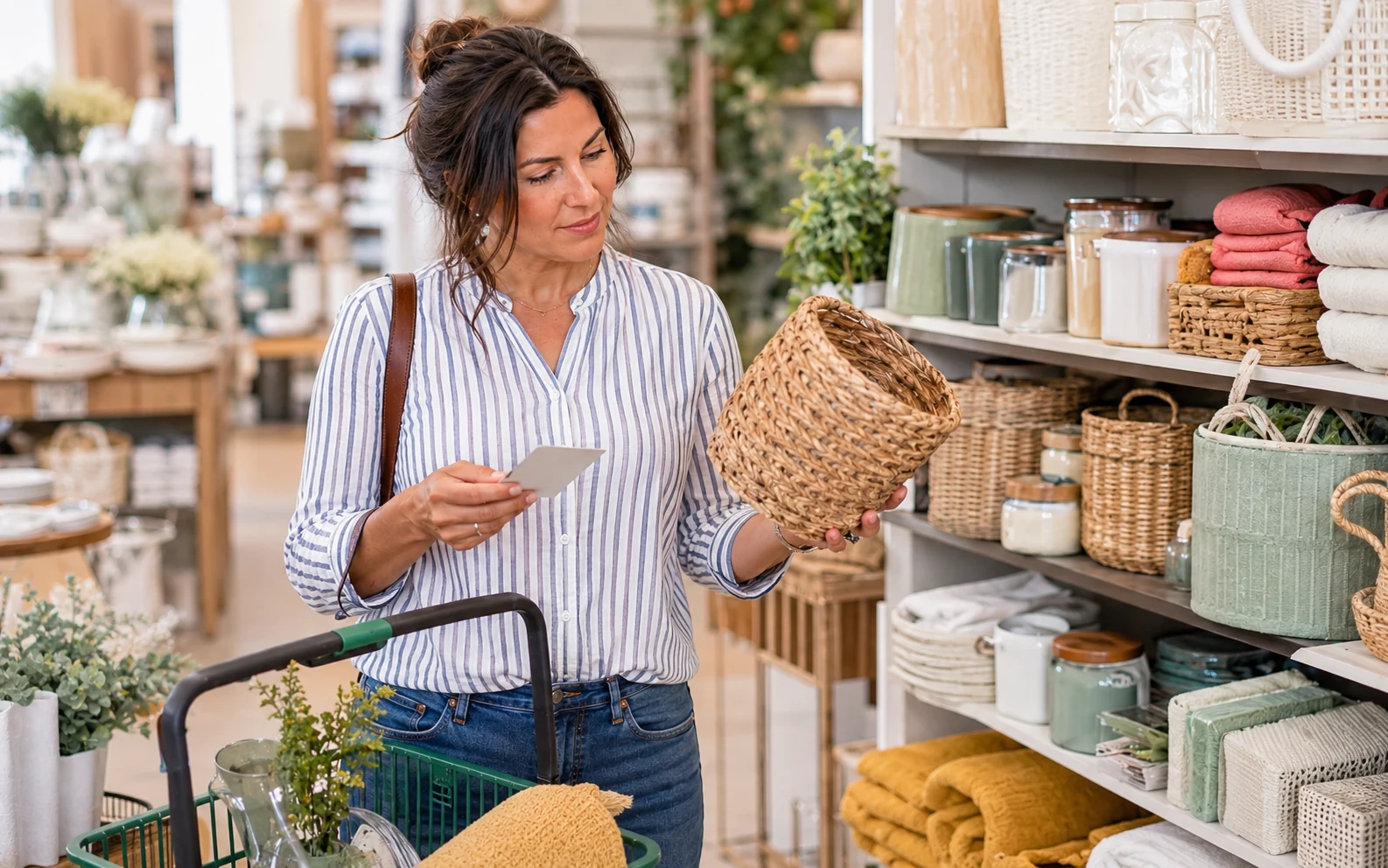Notebook checklist, receipt, phone, and coffee on a kitchen table before making a purchase decision