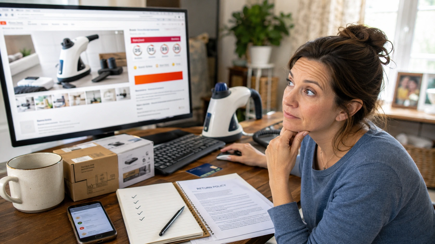 Faye carefully checking an unfamiliar online store before placing an order
