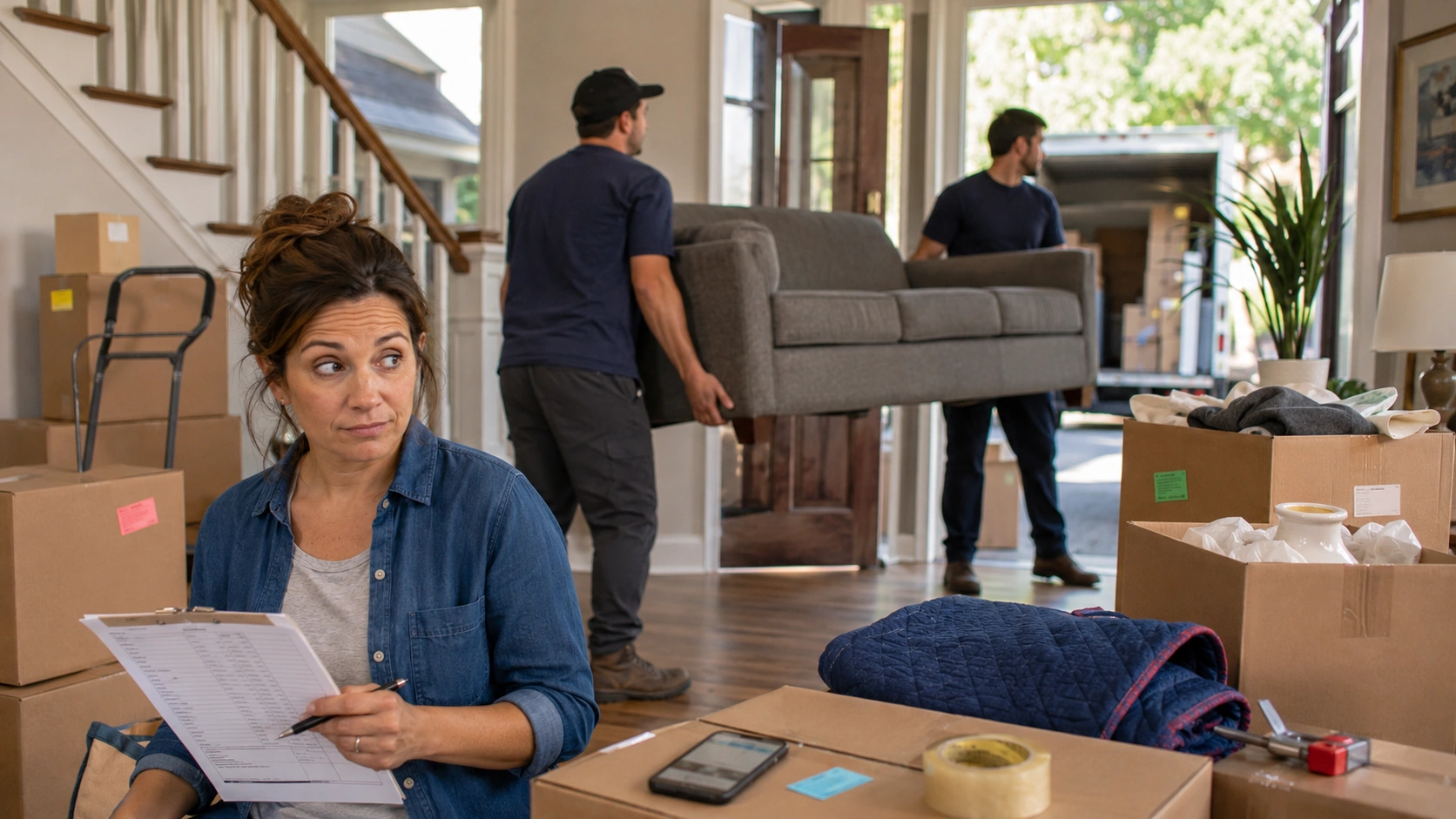 Faye reviewing a moving estimate while movers carry furniture through her home