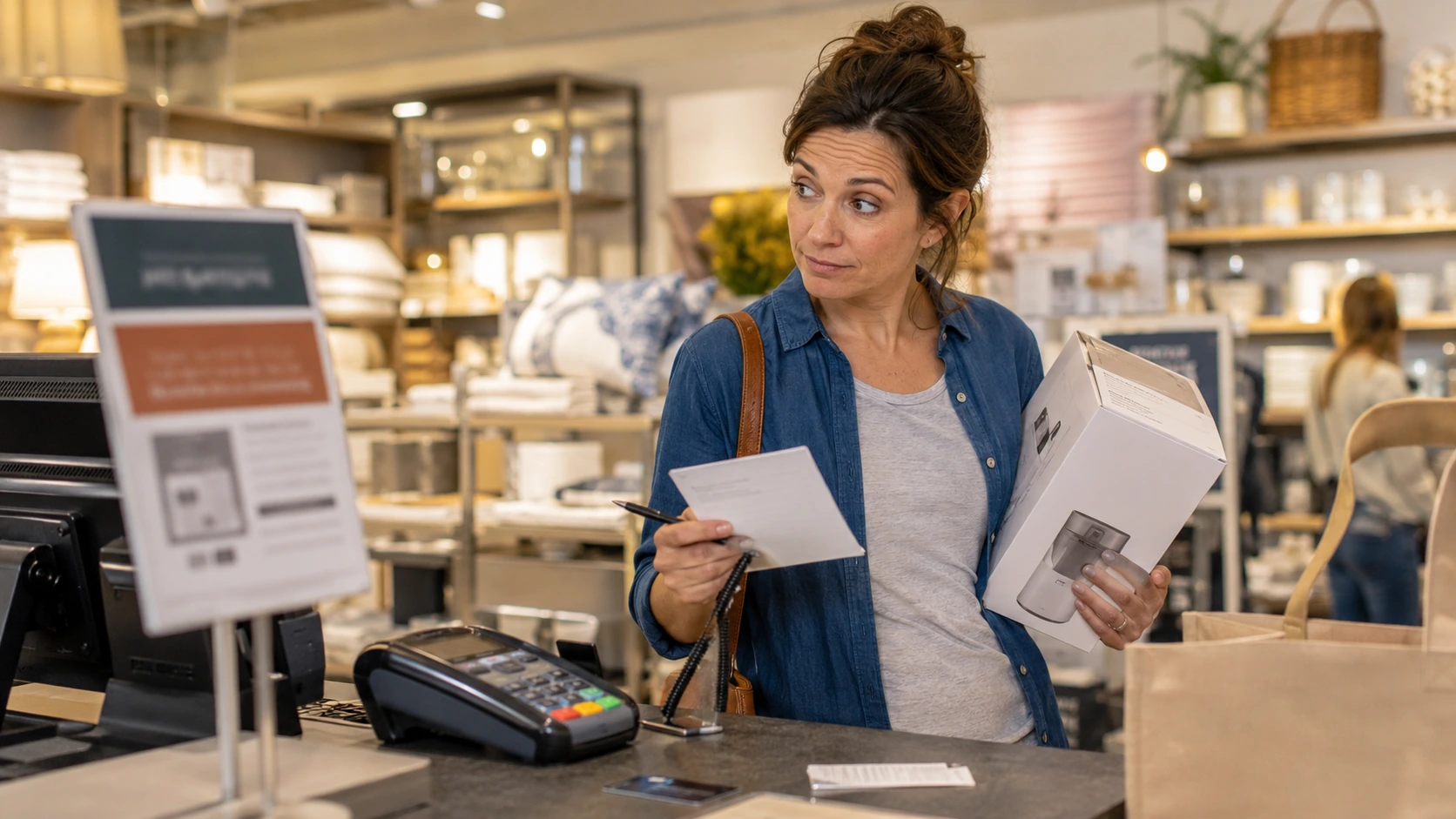 Faye pausing to review a store credit card offer at checkout