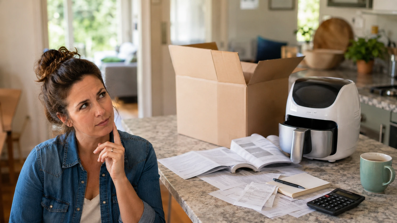 Faye reviewing warranty paperwork for a household purchase