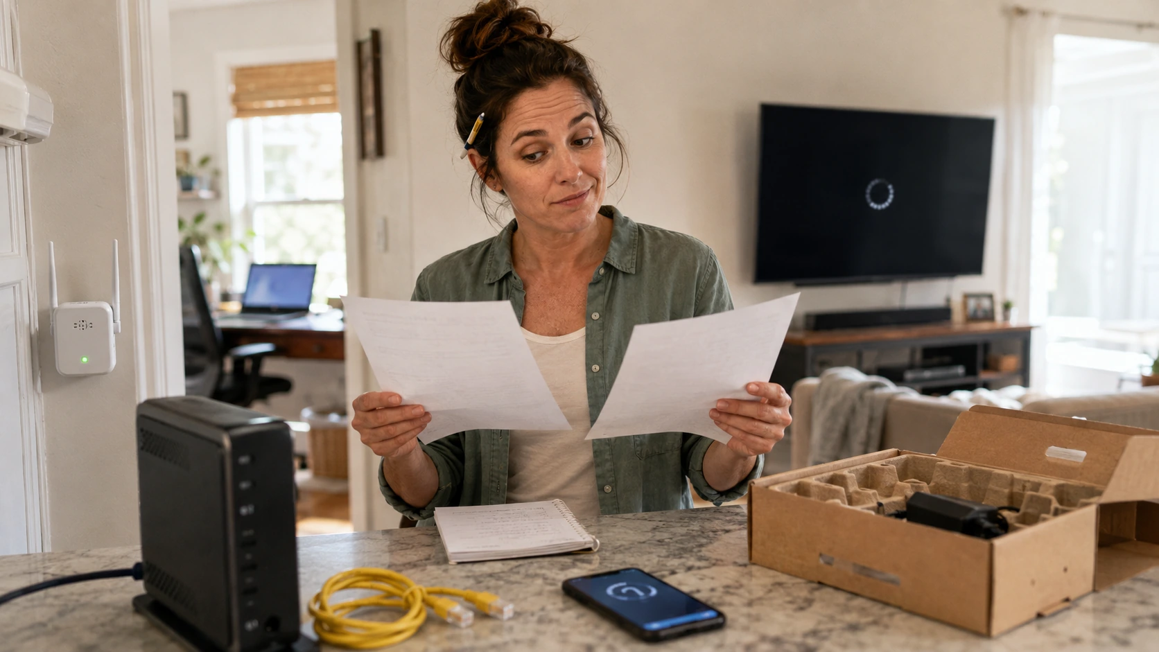 Faye comparing two home internet plans beside a router and equipment box