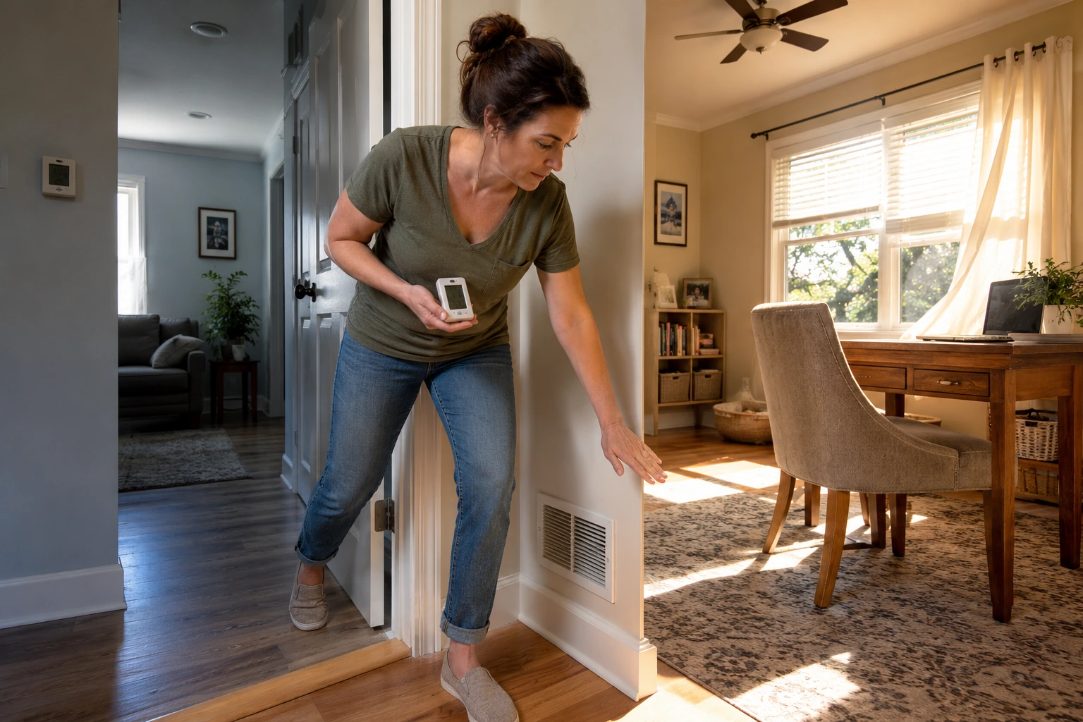 Faye comparing temperature, humidity, and airflow at the doorway between two rooms